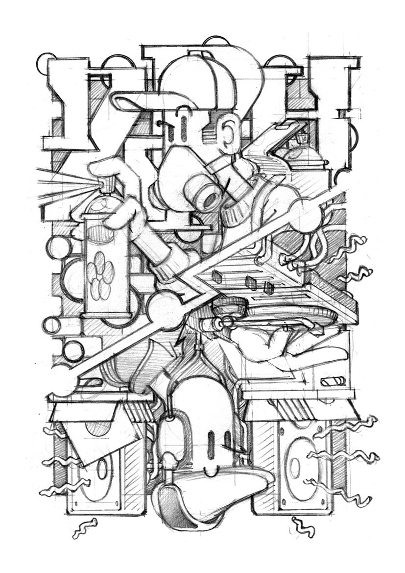 illustratie HipHop Hurray graffiti turntablism schets