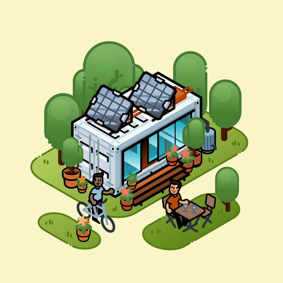 isometrische illustratie Tiny Houses sustainability duurzaamheid