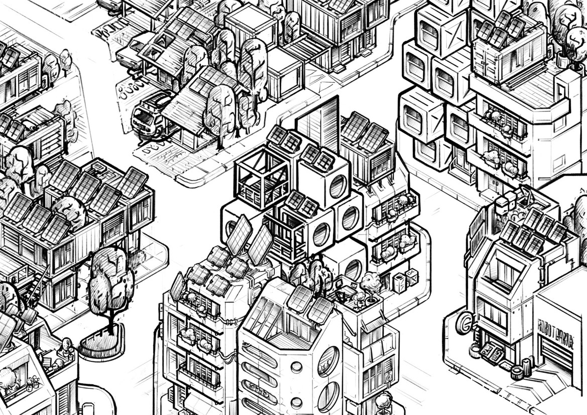 isometrische illustratie Welkom in Wubbo 1 futurologie zoekplaat schets